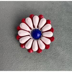 Vintage 60’s Flower Red‎ White Blue Enamel Daisy Brooch P023
